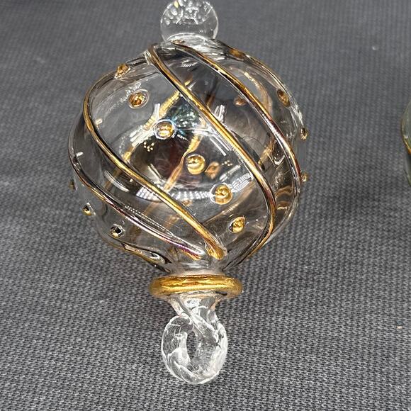 Egyptian Museum Hand Blown Glass Ornament Set 2 Gold Trim Spiral Iridescent Box - Picture 10 of 16